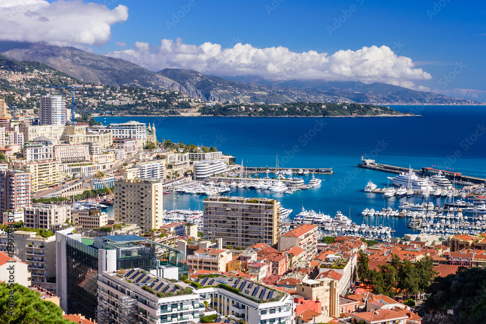 Cityscape and harbor of Monte Carlo. Aerial view of Monaco on a Sunny day, Monte Carlo, Principality of Monaco