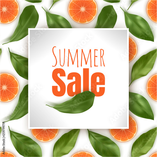 Summer sale banner design for promotion, colorful background with oranges and leaves