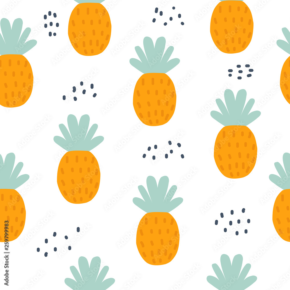 Seamless pattern with pineapple and brush strokes. Summer tropical print. Vector hand drawn illustration. Seamless pattern with pineapple and brush strokes. Summer tropical print. Vector hand drawn illustration.