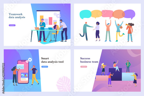 Set of business vector website design illustration, people talking wih bubble speech, business people analyze data marketing, build a dashboard and interact with graphs. Data analysis, office, reward