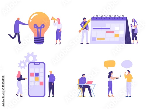 set of business people in the office  flat character talking at the office with bubble speech  planning  events and news  schedule  can use for  landing page  template  ui  web  homepage  banner