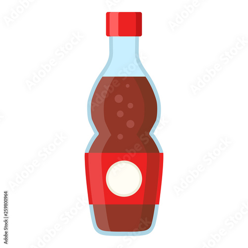 Bottle with cola and red label in cartoon flat style on white, stock vector illustration