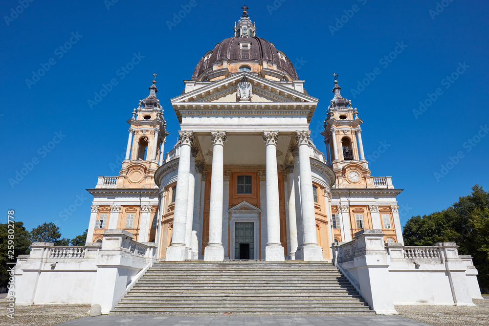Superga basilica in Turin frontal view, nobody in a sunny summer day in Italy