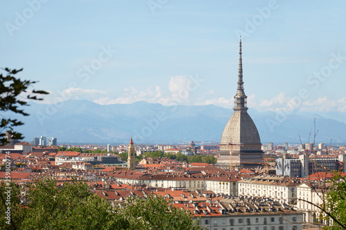 Mole Antonelliana tower and Turin rooftops seen from the hills in a sunny summer day in Italy