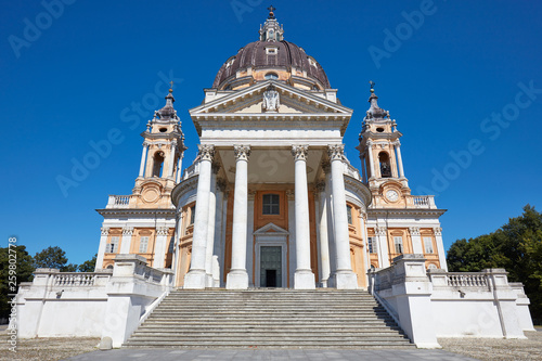 Superga basilica in Turin frontal view, nobody in a sunny summer day in Italy