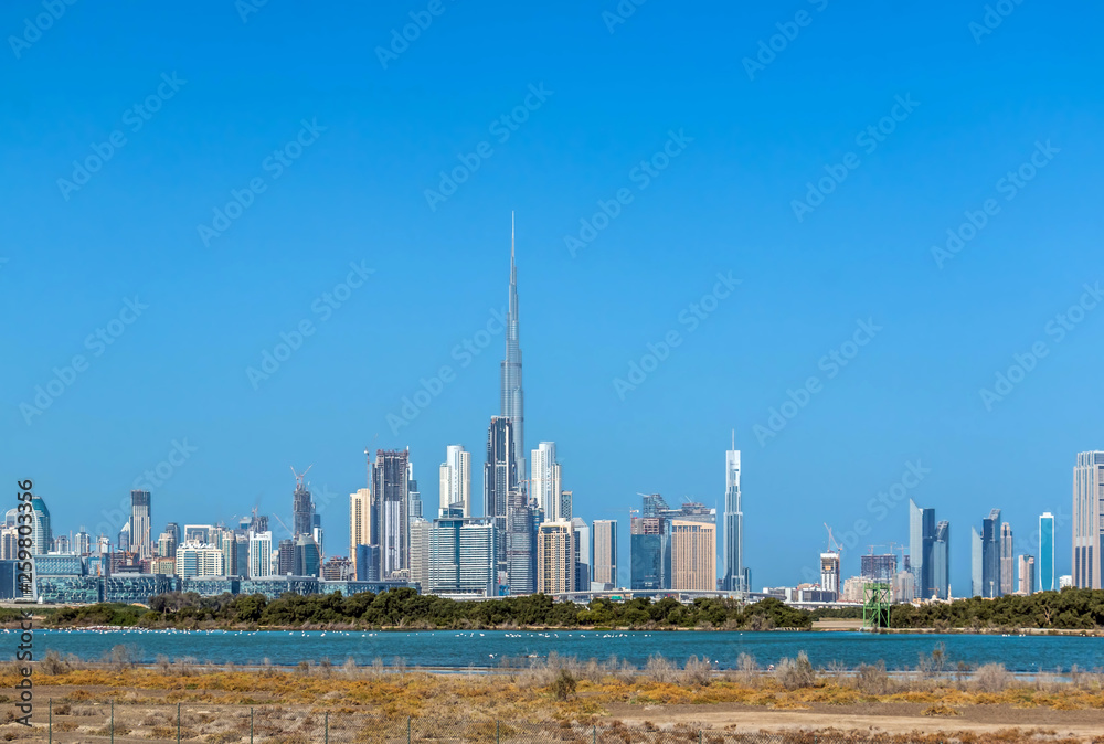 Dubai City Skyline, Residential and Business Skyscrapers in Downtown, Dubai, UAE