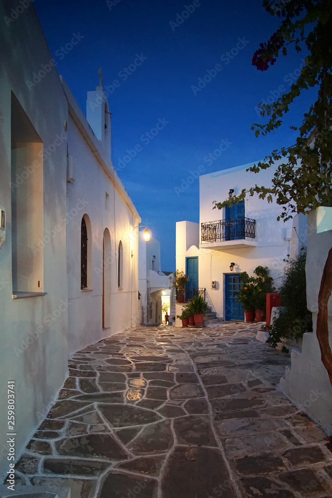 Traditional night view of a street in the historic center of the city of Lefkes
