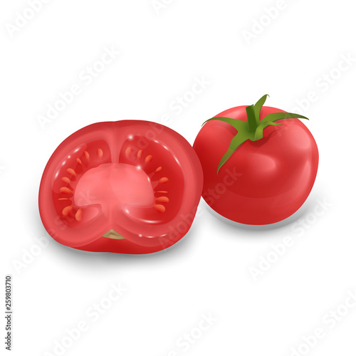 Set of ripe and red tomatoes isolated on white background, Tomato set in realistic style, vector illustration