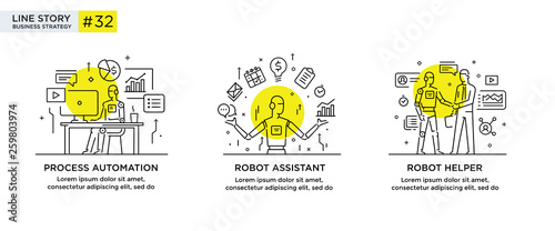 Set of illustrations concept with businessmen. technology, partnership, connection, business robot, cybes. linear illustration Icons infographics. Landing page site print poster. Line story