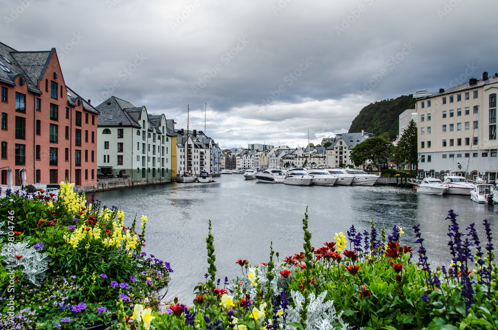 View of boats and buildings in an Alesund town center marina with colourful flowers in the foreground