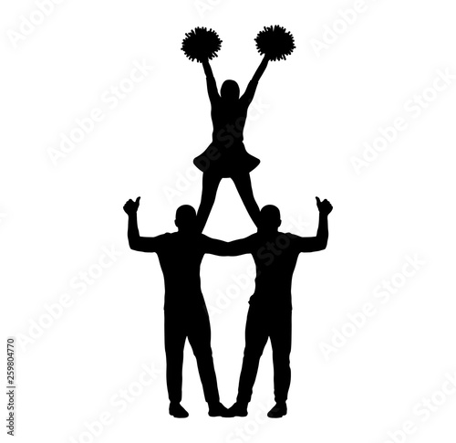 Pyramid of people (cheerleaders, men and girl) silhouette isolated, vector illustration