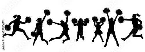 Set of silhouette jumping cheerleaders with pom-poms. Vector illustration