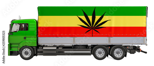 Billede på lærred Smuggle of drugs concept. Truck with Rasta flag, 3D rendering