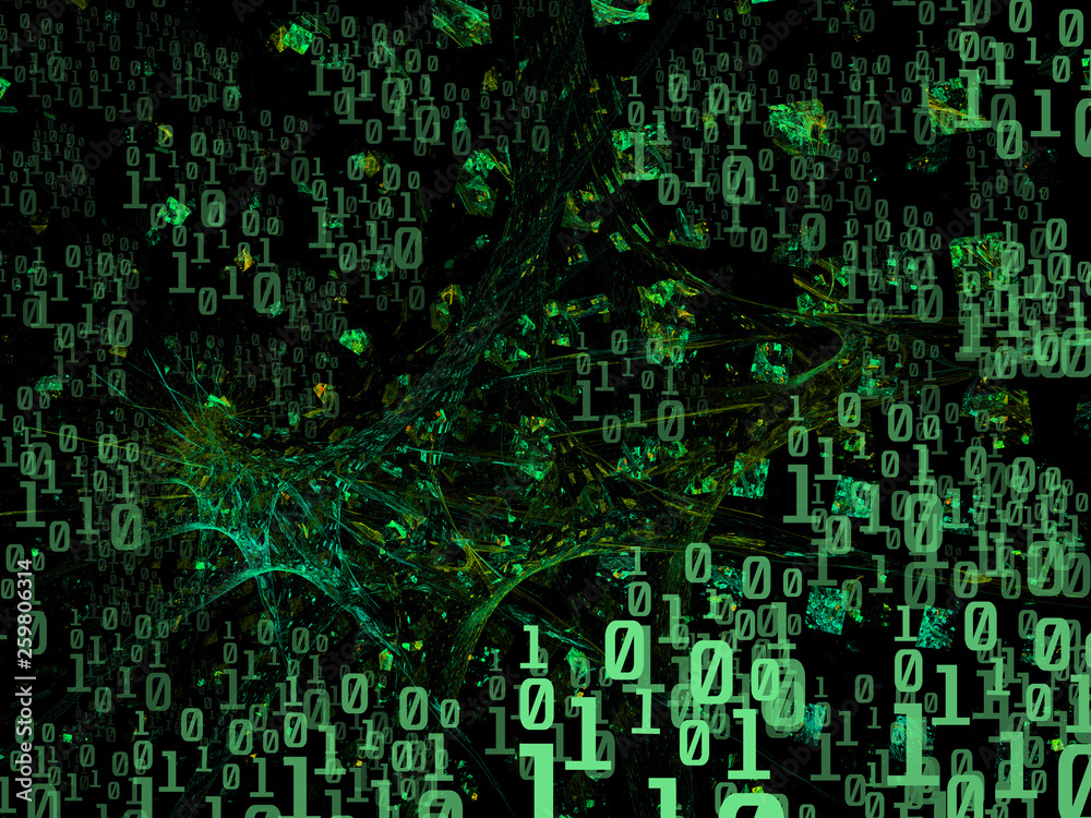 Obraz premium Data streams in cyberspace. Programming and binary code. Green techno 3d illustration in perspective.