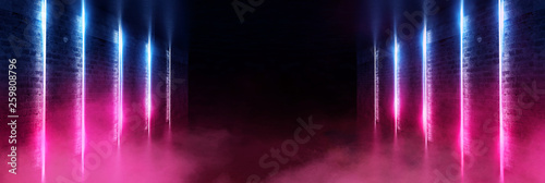 Dark tunnel with neon lights, lines, spotlights. Abste dark background with neon.