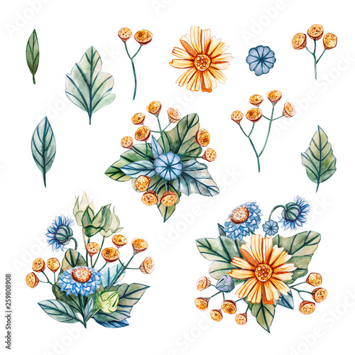 Watercolor illustrations with bouquets of wildflowers for a wedding.