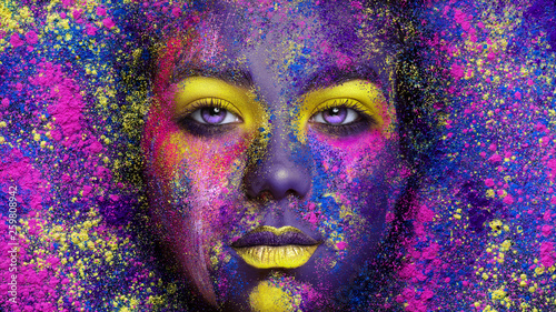Quadro su tela Young pretty girl with colorful creative make-up on holi powder background
