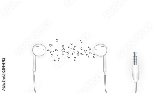 Neat stylish wired earbud headphones in white. Vector Illustration
