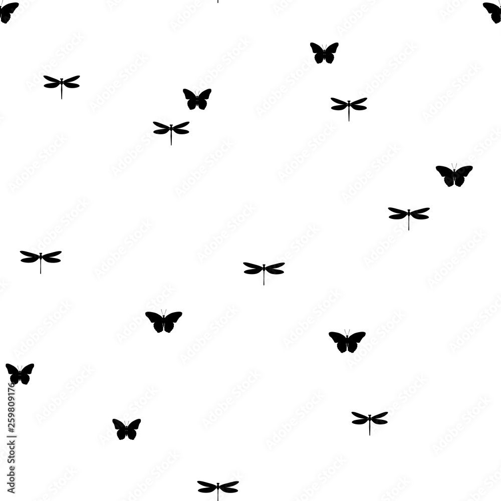 The seamless pattern with black dragonflies and butterflies on a white background. Vector.