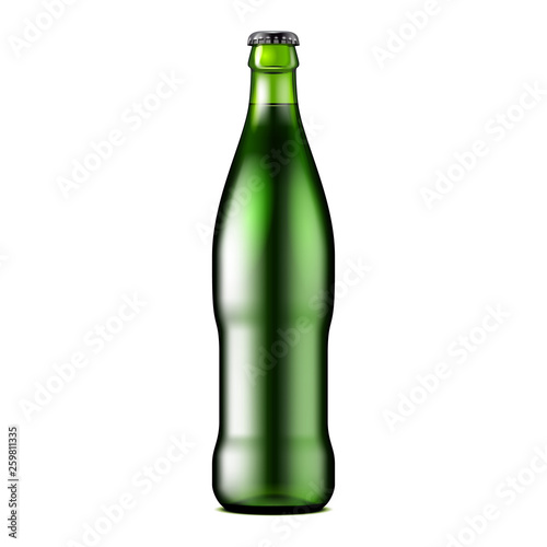 Mockup Glass Green Beer, Ale, Cider Bottle. Carbonated Soft Drink. Mock Up Template. Illustration Isolated On White Background. Ready For Your Design. Product Packaging. Vector EPS10