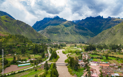 Fototapeta Aerial view of river at the Sacred Valley of the Incas near Urubamba town