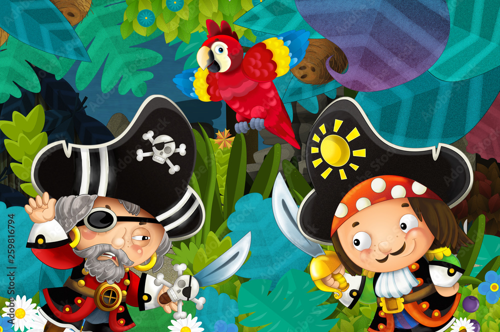 cartoon scene with pirates fighting in the jungle - duel - illustration for children