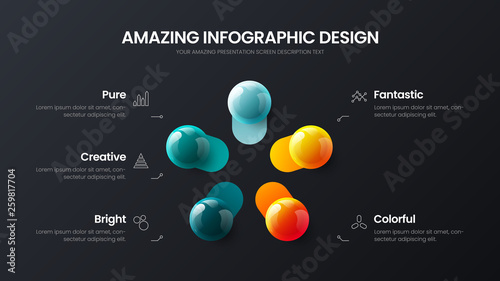 Business 5 option infographic presentation vector 3D colorful balls illustration. Corporate marketing analytics data report design layout. Company statistics information graphic visualization template