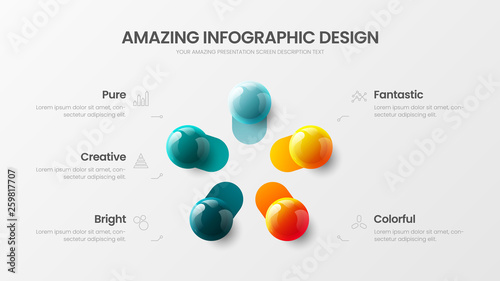 Business 5 option infographic presentation vector 3D colorful balls illustration. Corporate marketing analytics data report design layout. Company statistics information graphic visualization template