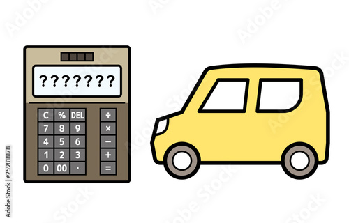 軽自動車の保険、カーローン、維持費のイラスト(軽自動車と電卓)