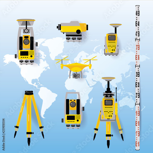 Geodetic measuring equipment icon set, engineering technology for land survey on world map baclground