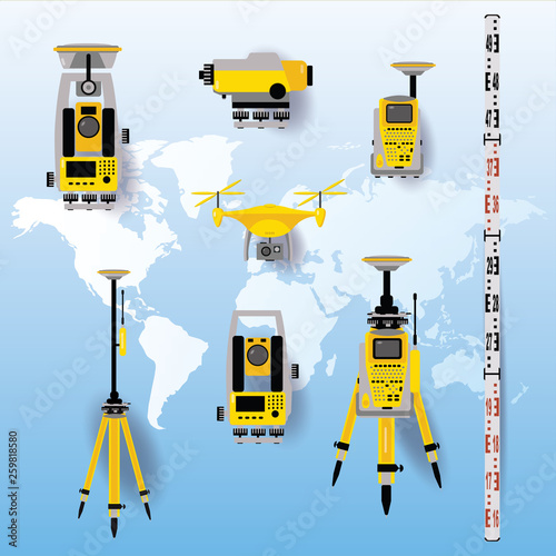 Geodetic equipment vector illustration. Measuring instruments in flat design. Theodolite, tacheometer, total station, drone, level, map sketch isolated on world map blue background.