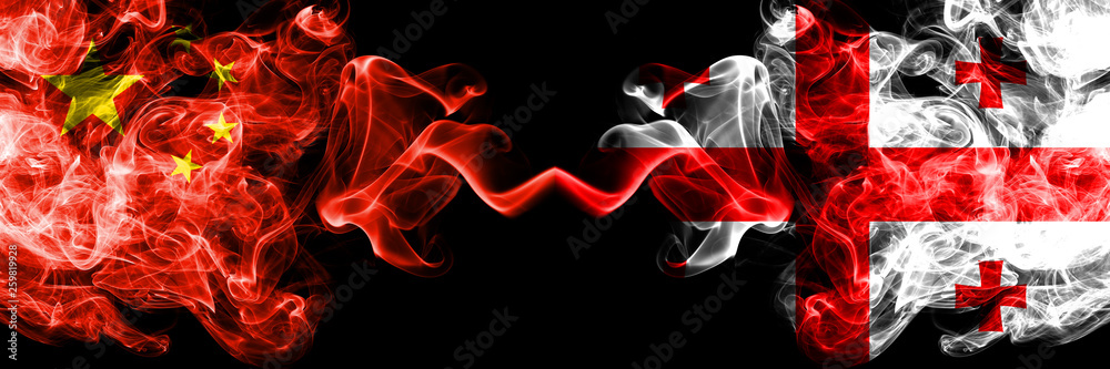 China vs Georgia, Georgian smoke flags placed side by side. Thick colored silky smoke flags of Chinese and Georgia, Georgian China vs Georgia, Georgian smoke flags placed side by side. Thick colored silky smoke flags of Chinese and Georgia, Georgian