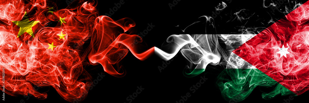 China vs Jordan, Jordanian smoke flags placed side by side. Thick colored silky smoke flags of Chinese and Jordan, Jordanian