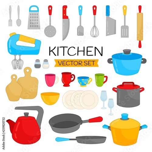 Vector set of kitchen utensils. Collection of cartoon tableware.