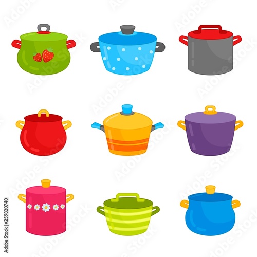 Vector set of dishes. Illustration of cartoon pans.