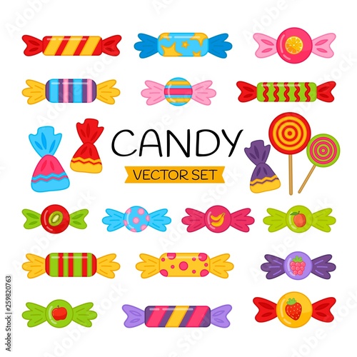 Vector set of cartoon candies in multicolored wrappers.