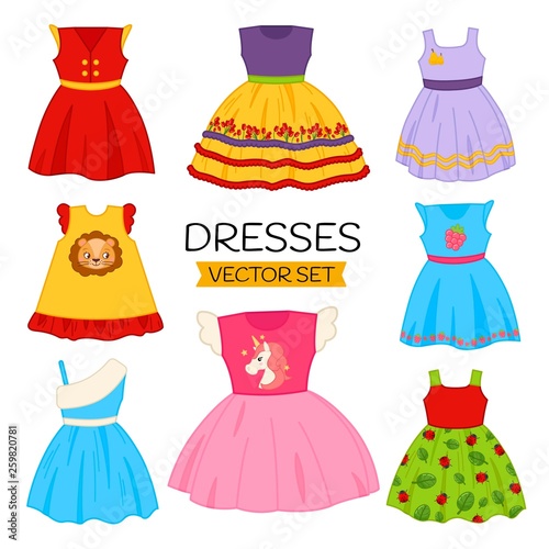 Vector set of beautiful children's dresses.