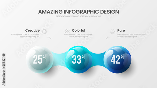 Business 3 option infographic presentation vector 3D colorful balls illustration. Corporate marketing analytics data report design layout. Company statistics information graphic visualization template
