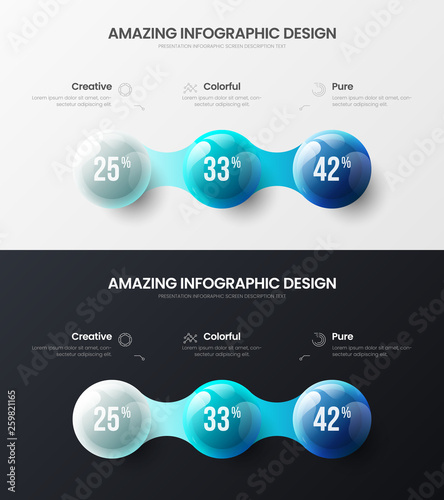 Premium quality 3 option marketing analytics presentation vector illustration template bundle. Business data visualization design layout. Amazing colorful 3D balls corporate statistics infographic set