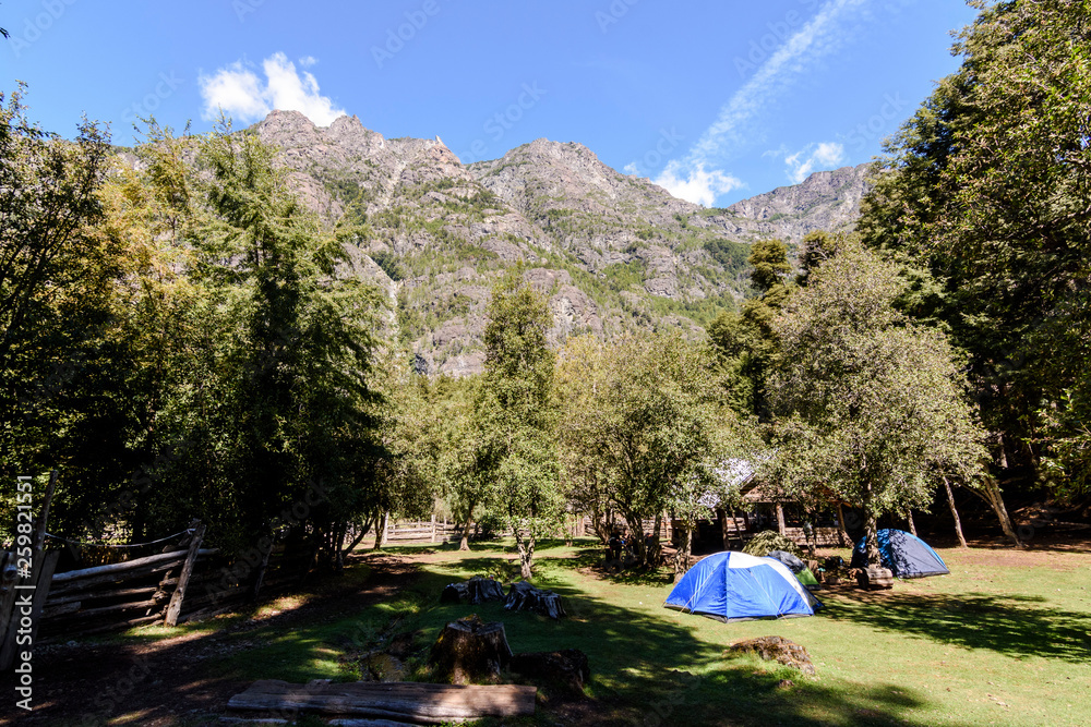 camping tents in the mountains, El Bolsón, Patagonia, Argentina