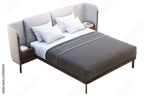 Luxury king size bed with bedside tables. 3d render