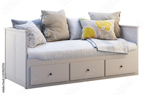 Scandinavian folding double bed with pillows and plaid. 3d render
