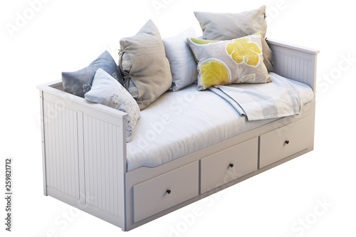 Scandinavian folding double bed with pillows and plaid. 3d render