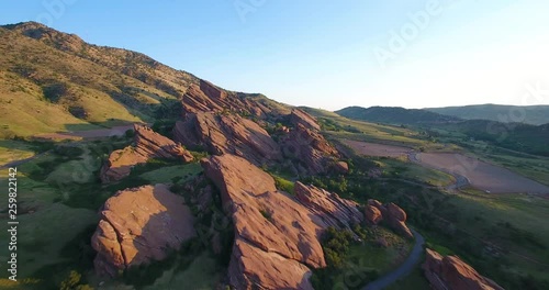 Aerial flying toward Red Rocks venue Colorado Drone 4K