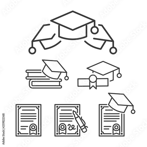 Set icon outline graduation cap and graduate diploma certificate paper vector photo