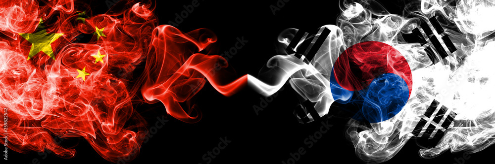 China vs South Korea, Korean smoke flags placed side by side. Thick colored silky smoke flags of Chinese and South Korea, Korean China vs South Korea, Korean smoke flags placed side by side. Thick colored silky smoke flags of Chinese and South Korea, Korean