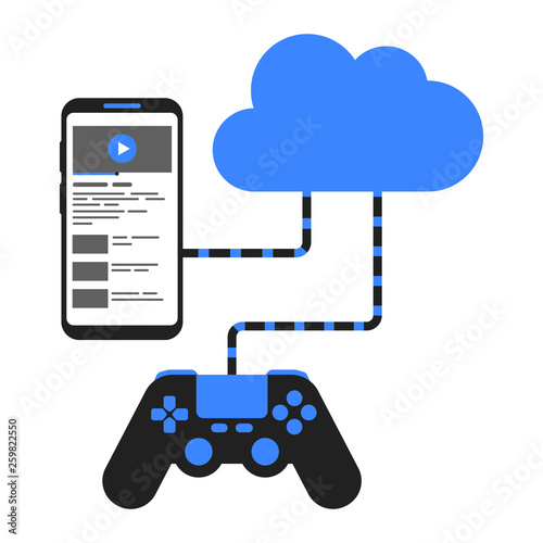 Cloud gaming technology concept. Smartphone connected to cloud and gamepad.