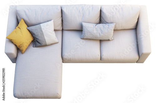 Fototapeta Naklejka Na Ścianę i Meble -  Modern beige fabric sofa with colored pillows. 3d render