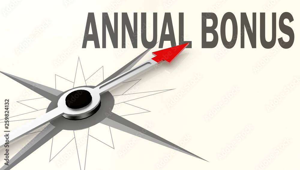 Annual bonus word on compass with red arrow