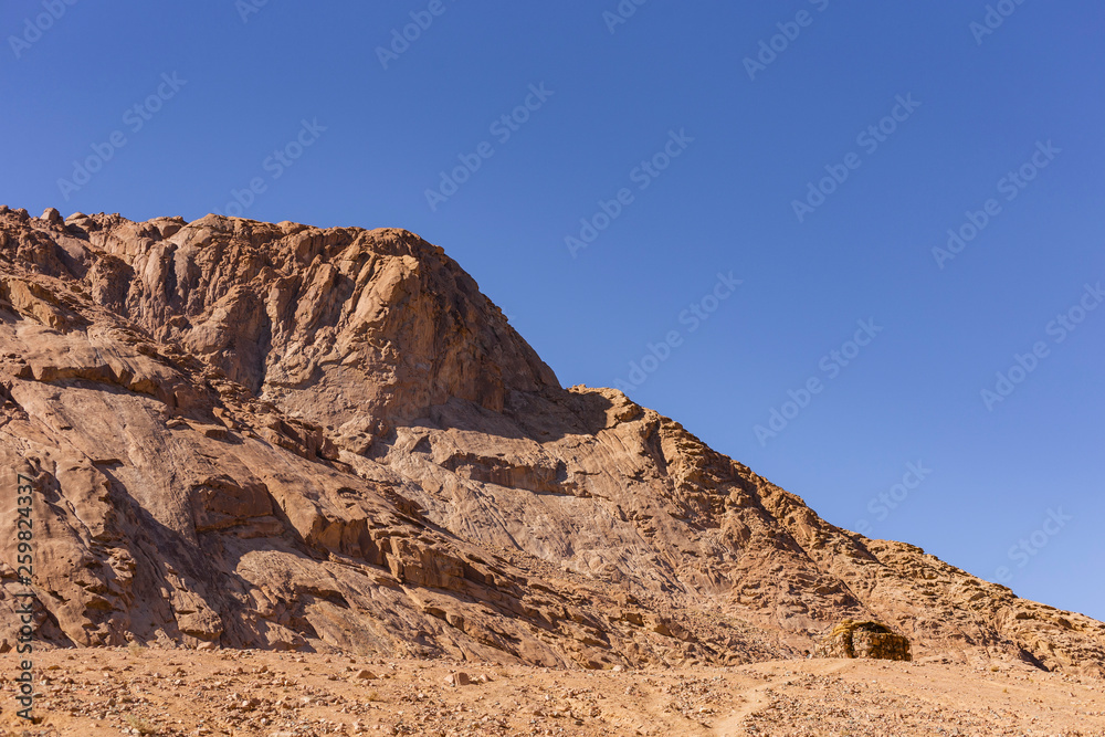 Egypt. Mount Sinai in the morning at sunrise. (Mount Horeb, Gabal Musa, Moses Mount). Pilgrimage place and famous touristic destination.